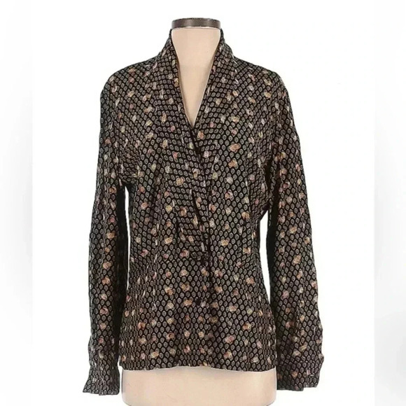 Vintage Dana Buchman | 100% Silk Black & Gold Button Down Blouse Size 8 Medium M - Picture 1 of 2